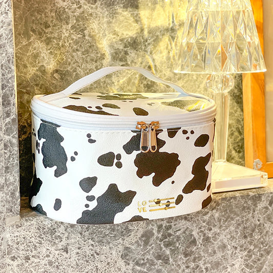 Travel Waterproof Women Girls Cosmetic Pouch Organizer Makeup Bag with Zipper, Cow Print