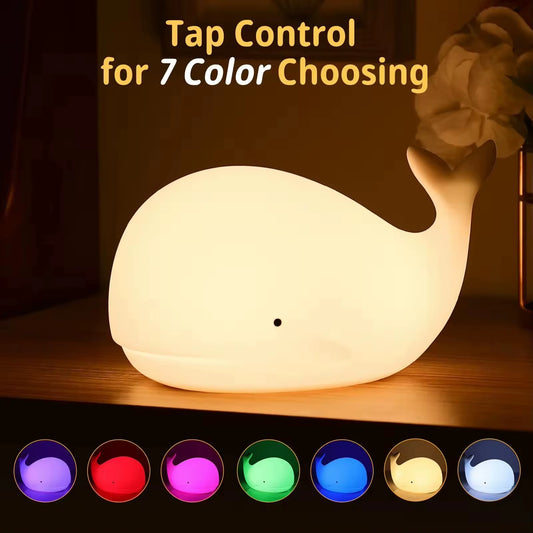 7 Colors Night Light Cute Whale Animal Silicone USB Rechargeable Nightlights Room Decorations Table LED Lamp Gifts for Children