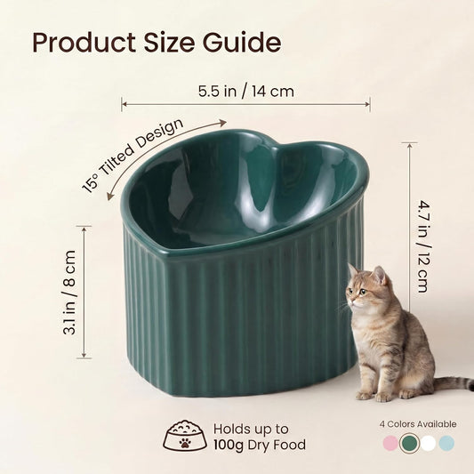 Dark Green Ceramic Raised Cat Bowls, Tilted Elevated Food or Water Bowls, Stress Free, Backflow Prevention, Dishwasher and Microwave Safe, Lead & Cadmium Free