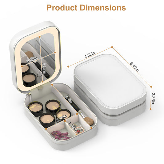 1Pc Portable Travel Makeup Bag with LED Mirror Rechargeable Beauty Mirror with 3 Color Light Dimmable Brightness Waterproof Cosmetic Bag with 4 Compartments Ideal Gift for Women Valentines Day Gift
