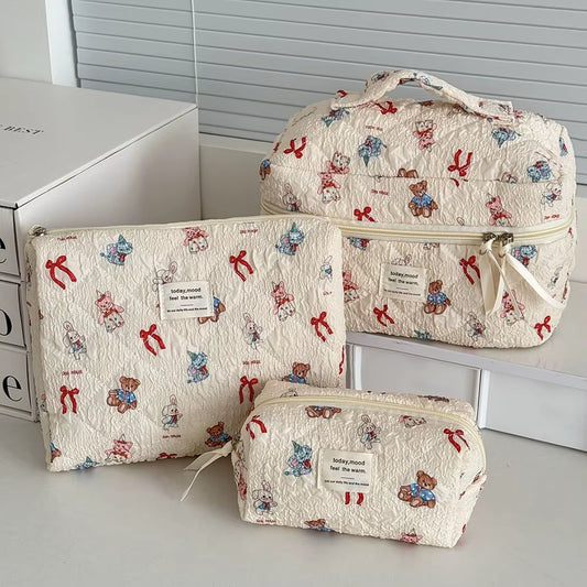 Kawaii Cartoon Animals Women Quilted Bag Large Capacity Cosmetic Toiletry Organizer Pouch 3 Type Ladies Zipper Makeup Bag