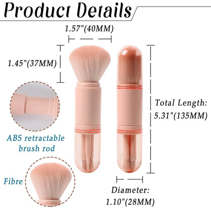 Makeup Brushes Set Portable - 4 in 1 Travel Powder Brush, Lip Brush, Eyeshadow Brush, Highlight Brush, Foundation Blending Powder Brushes Retractable Make up Brushes Set, Pink