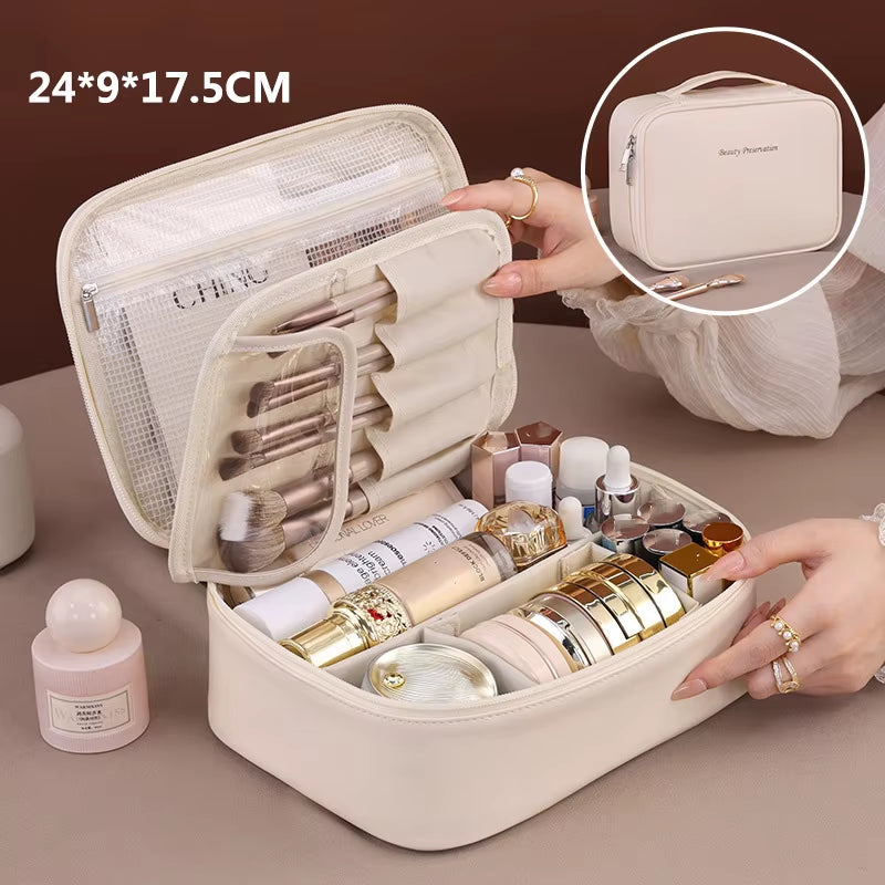 PU Large Capacity Tote Makeup Bag Portable Travel Organizer Tolietry Cosmetic Storage Bag Luxury Women Double Layer Pouch