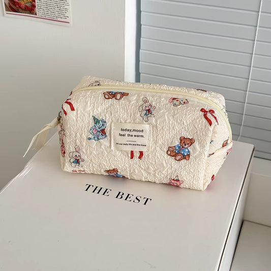 Kawaii Cartoon Animals Women Quilted Bag Large Capacity Cosmetic Toiletry Organizer Pouch 3 Type Ladies Zipper Makeup Bag