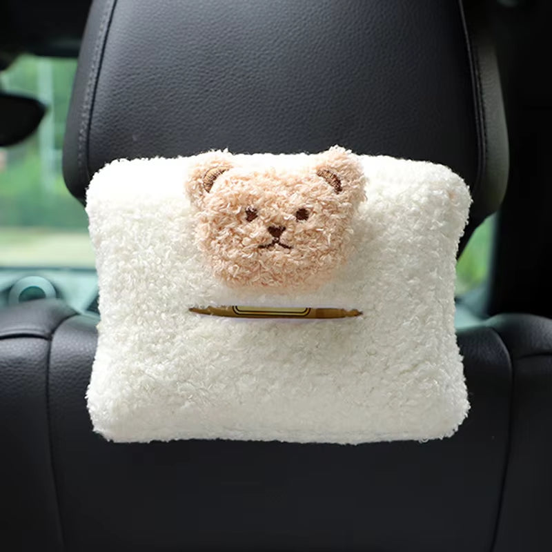 Cute Cartoon Bear Car Tissue Box Hanging Napkin Holder Bag for Car Back Seat Headrest Armrest Paper Organizer Plush Storage