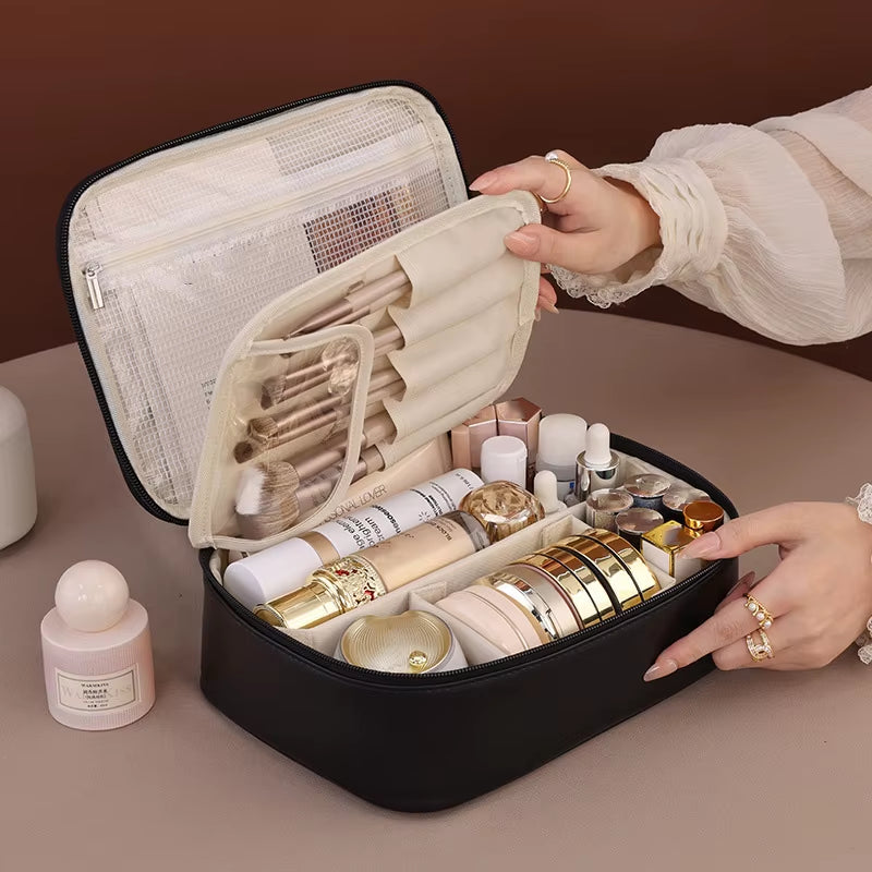 PU Large Capacity Tote Makeup Bag Portable Travel Organizer Tolietry Cosmetic Storage Bag Luxury Women Double Layer Pouch