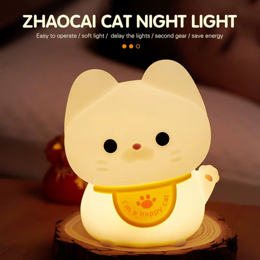 1Pc Lucky Cat LED Night Light Room Decorative Light Mood Light Bedroom Decorative Light Cute Animal Lamp with Sleeping Light