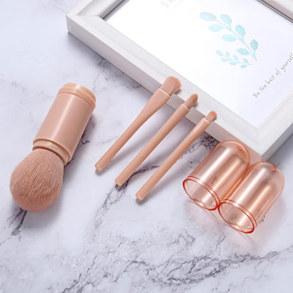 Makeup Brushes Set Portable - 4 in 1 Travel Powder Brush, Lip Brush, Eyeshadow Brush, Highlight Brush, Foundation Blending Powder Brushes Retractable Make up Brushes Set, Pink