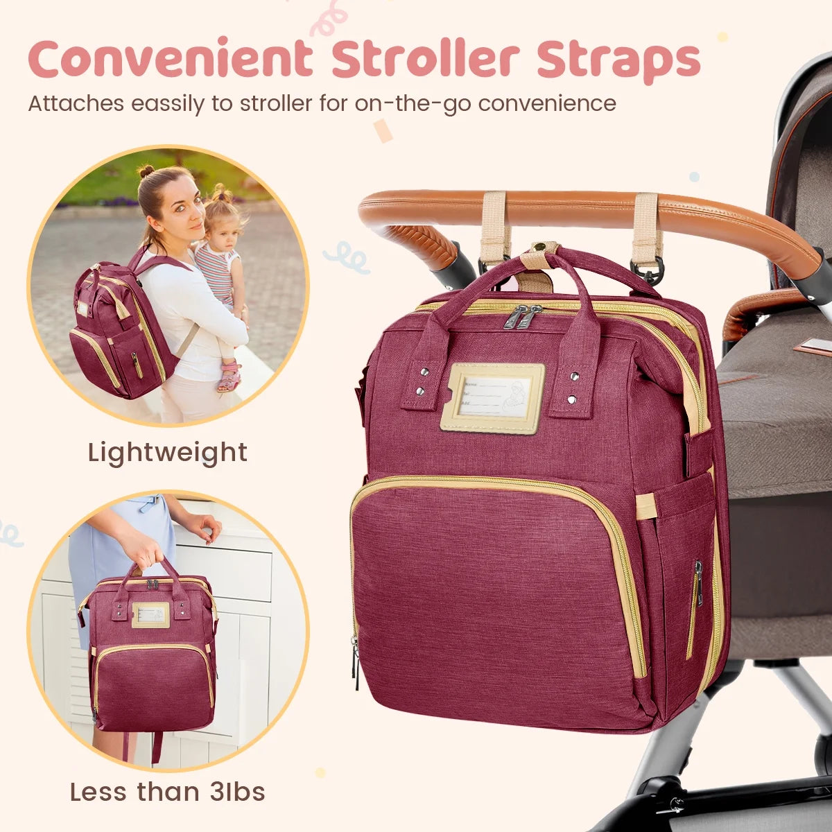 Diaper Bag Backpack, Multifunctional Baby Changing Bag with Foldable Crib & Insulated Milk Bottle Pocket, Large Capacity Travel Backpack with USB Charging Port & Stroller Strap (Red)