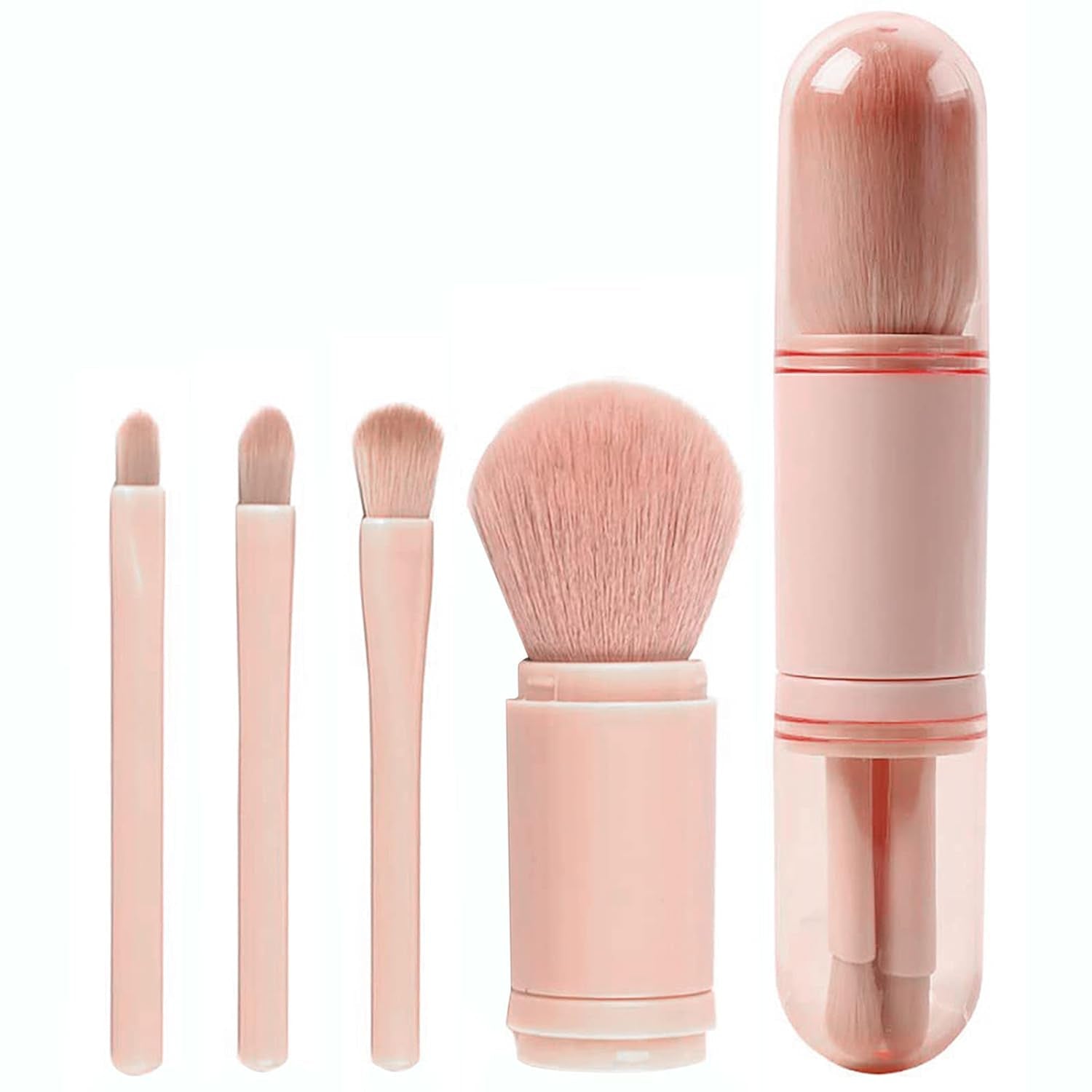 Makeup Brushes Set Portable - 4 in 1 Travel Powder Brush, Lip Brush, Eyeshadow Brush, Highlight Brush, Foundation Blending Powder Brushes Retractable Make up Brushes Set, Pink