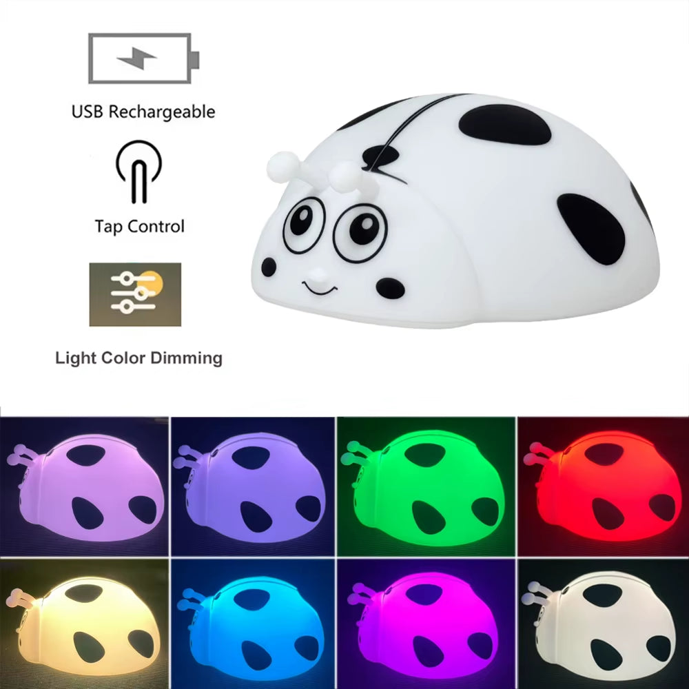 Ladybug Red RGB LED Night Light Cute Cartoon Animals Silicone Lamp Touch Sensor Timing USB Rechargeable for Children Kid Birthda