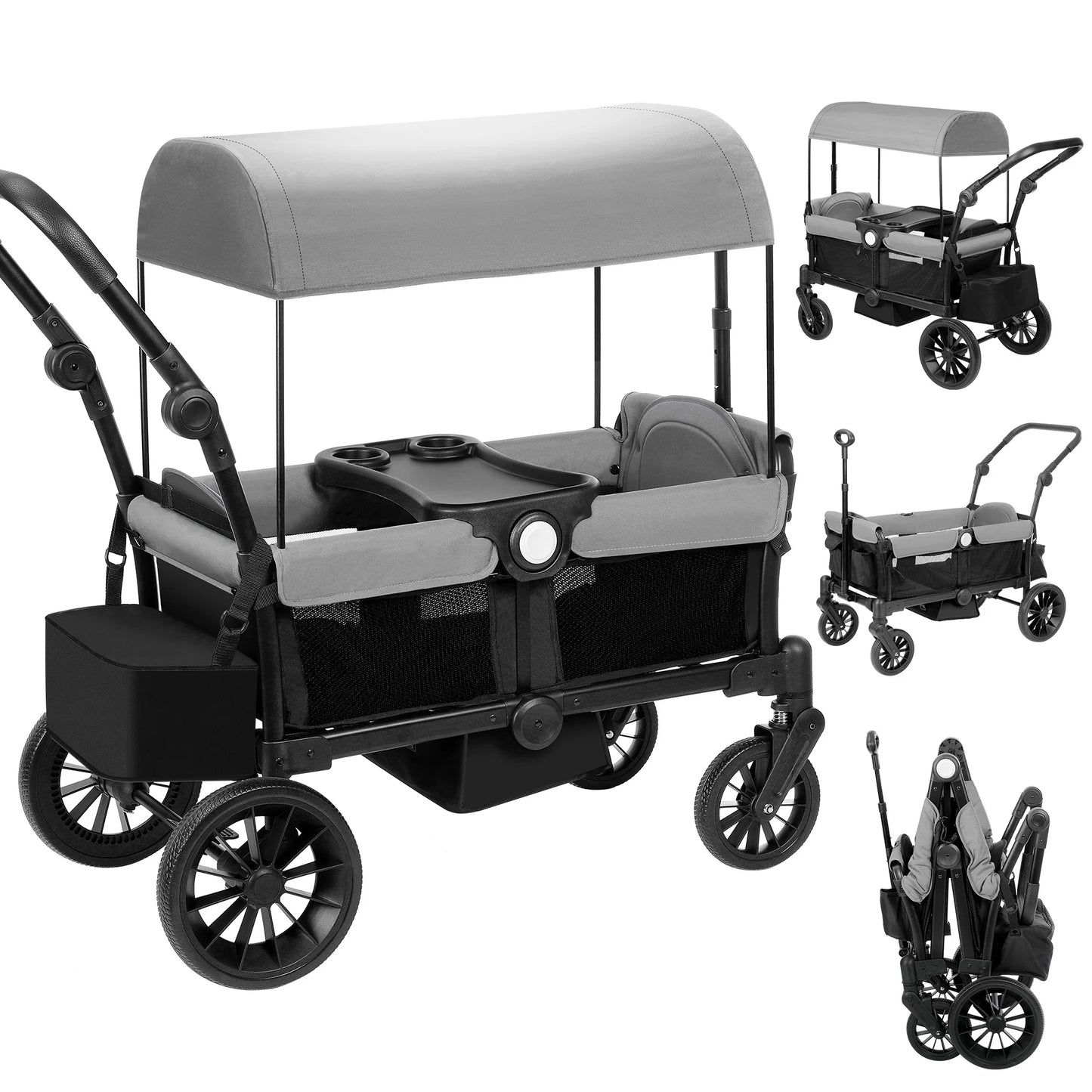 Collapsible Wagon Stroller 2 Seater with 3-Point Harnesses, Canopy, Storage Bag, Adjustable Handlebar, 2 Cup Holders, Gray