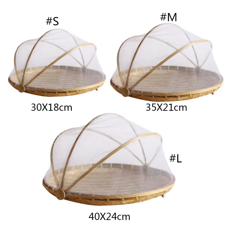 Handmade Bamboo Woven Fruit Vegetable Basket with Mosquito Proof Net round Dustproof Wicker Tray Food Bread
