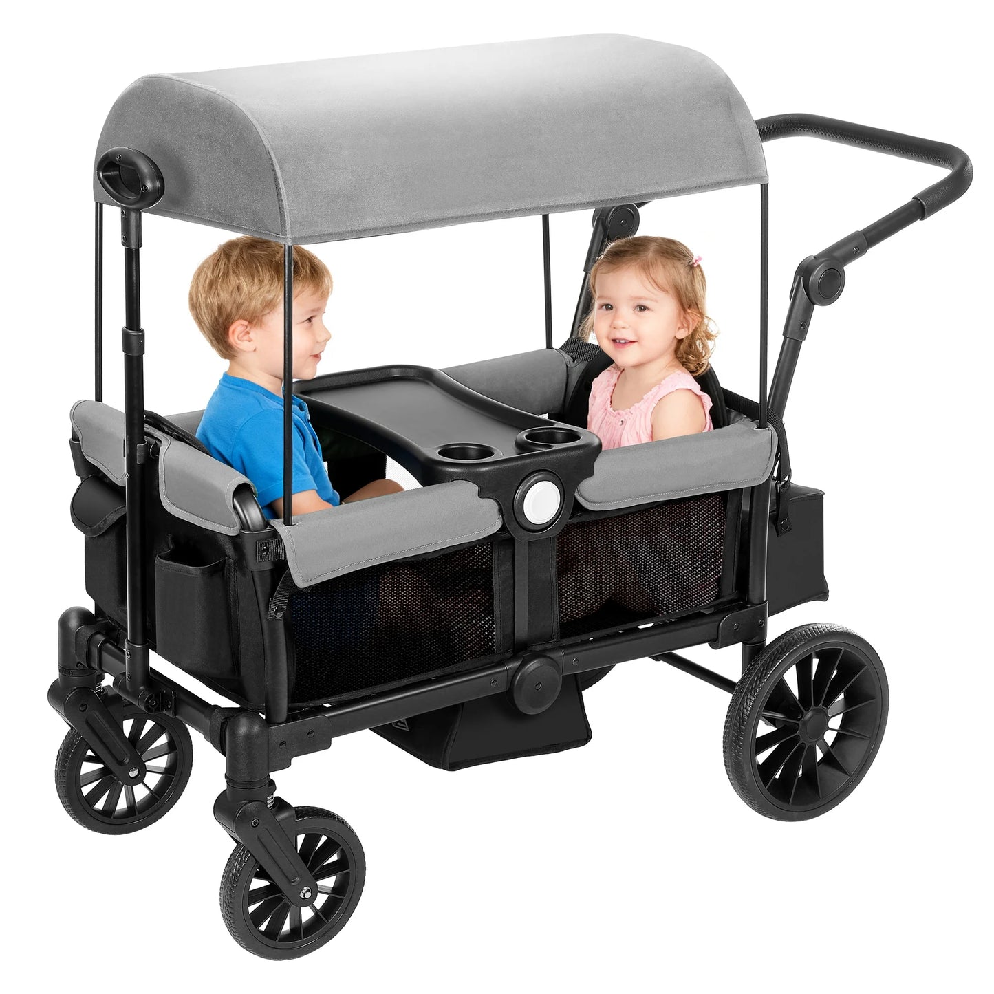 Collapsible Wagon Stroller 2 Seater with 3-Point Harnesses, Canopy, Storage Bag, Adjustable Handlebar, 2 Cup Holders, Gray