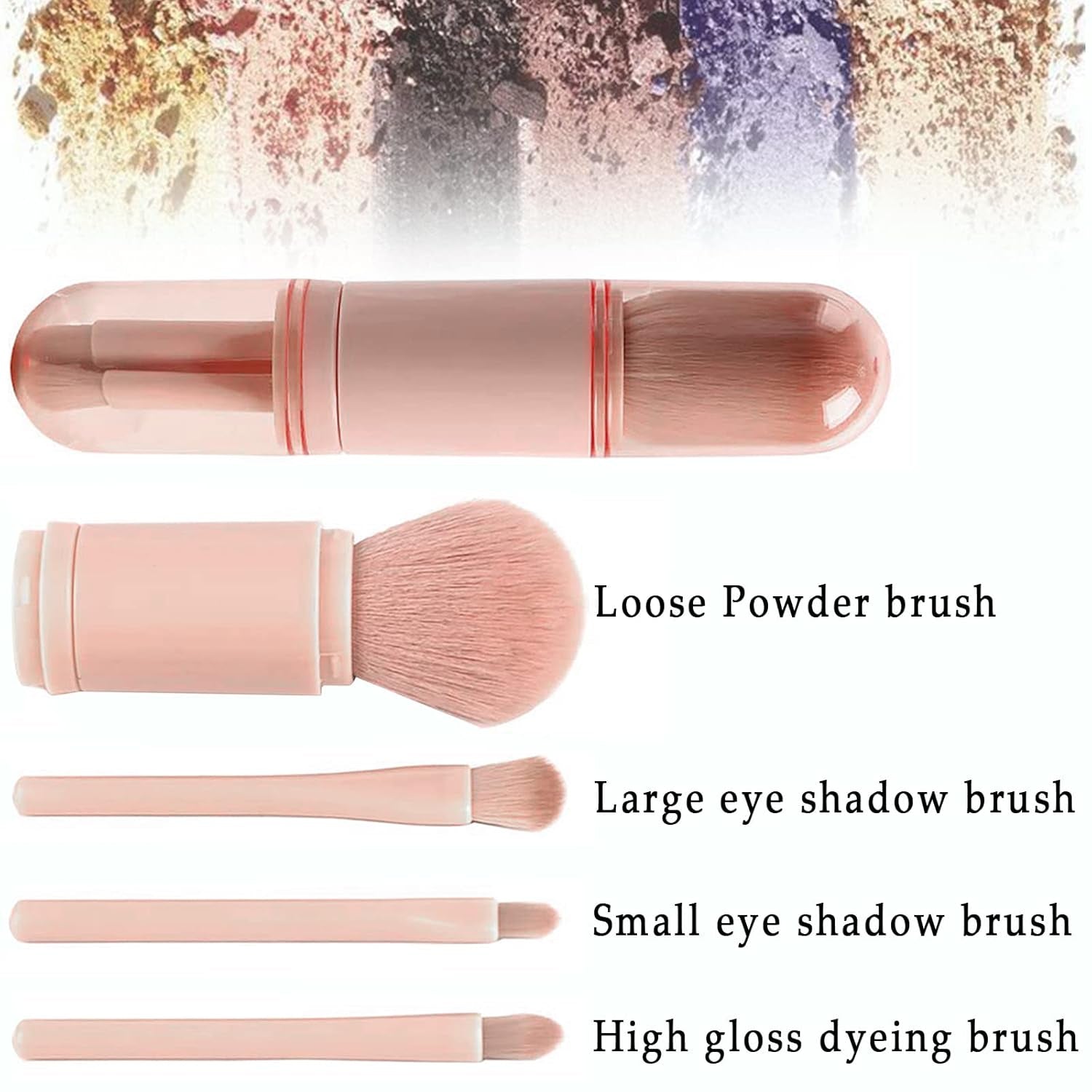 Makeup Brushes Set Portable - 4 in 1 Travel Powder Brush, Lip Brush, Eyeshadow Brush, Highlight Brush, Foundation Blending Powder Brushes Retractable Make up Brushes Set, Pink