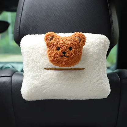 Cute Cartoon Bear Car Tissue Box Hanging Napkin Holder Bag for Car Back Seat Headrest Armrest Paper Organizer Plush Storage