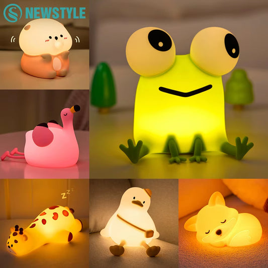 Cute Animal Silicone Night Light Fox Frog Nursery Sleeping Lamp Rechargable Duck Touch Sensor beside Lamp for Bedroom Decor