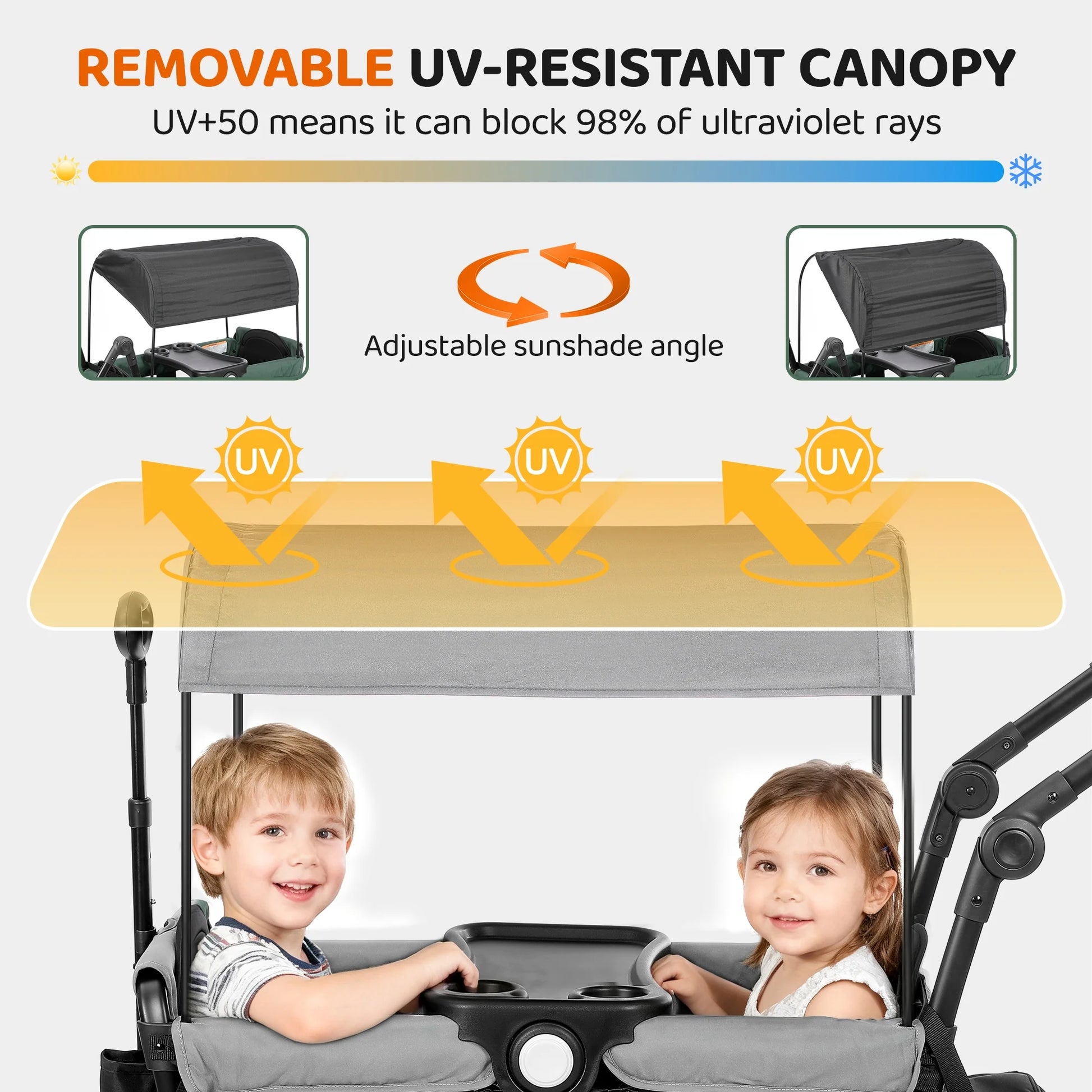 Collapsible Wagon Stroller 2 Seater with 3-Point Harnesses, Canopy, Storage Bag, Adjustable Handlebar, 2 Cup Holders, Gray