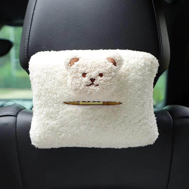 Cute Cartoon Bear Car Tissue Box Hanging Napkin Holder Bag for Car Back Seat Headrest Armrest Paper Organizer Plush Storage