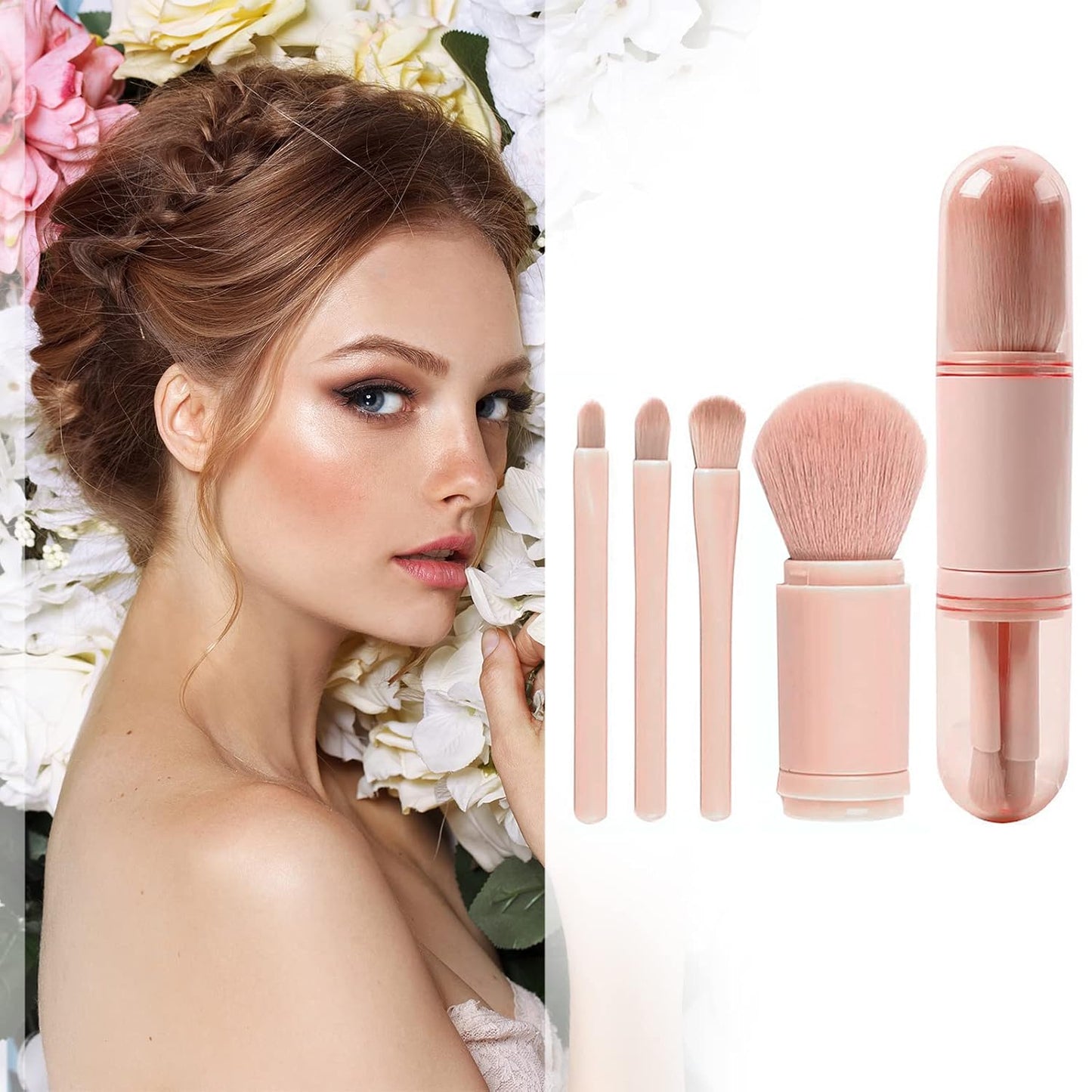 Makeup Brushes Set Portable - 4 in 1 Travel Powder Brush, Lip Brush, Eyeshadow Brush, Highlight Brush, Foundation Blending Powder Brushes Retractable Make up Brushes Set, Pink