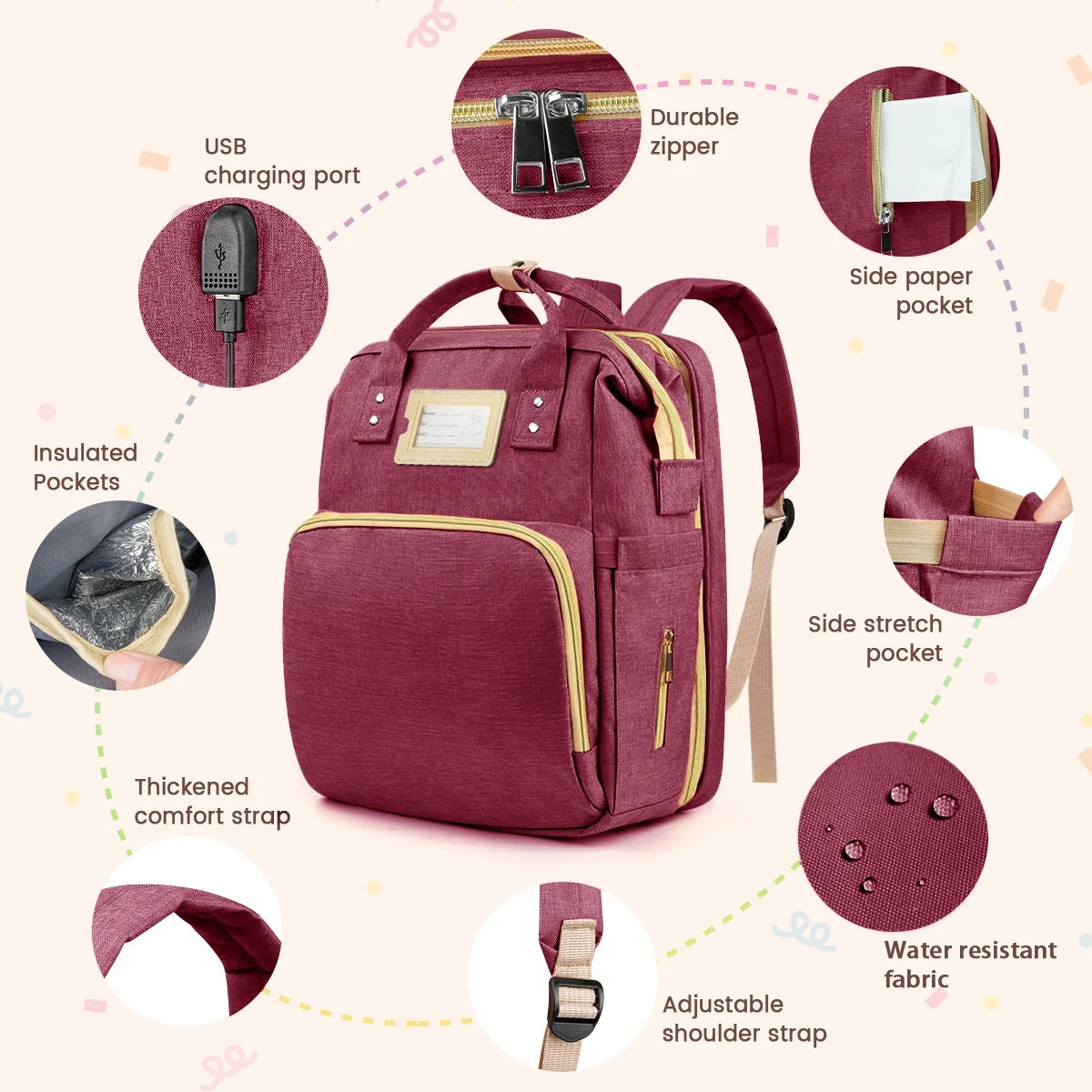 Diaper Bag Backpack, Multifunctional Baby Changing Bag with Foldable Crib & Insulated Milk Bottle Pocket, Large Capacity Travel Backpack with USB Charging Port & Stroller Strap (Red)