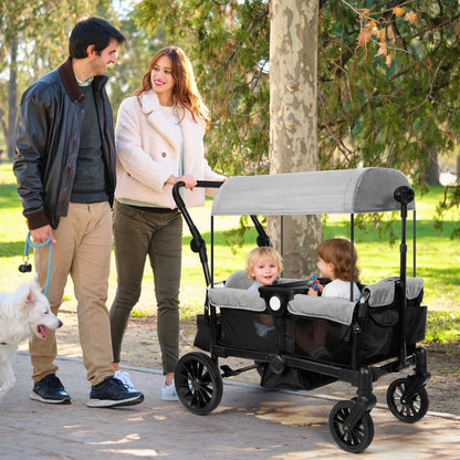 Collapsible Wagon Stroller 2 Seater with 3-Point Harnesses, Canopy, Storage Bag, Adjustable Handlebar, 2 Cup Holders, Gray