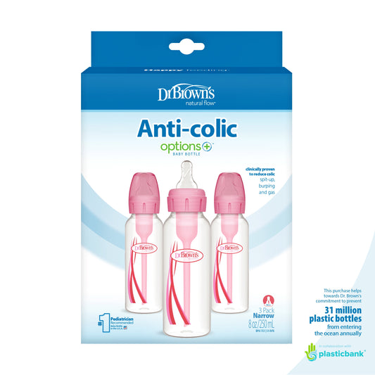 Dr. Brown’S Natural Flow Anti-Colic Options+ Narrow Baby Bottle, Pink, 8Oz, Slow Flow, 0M+, 3 Pack