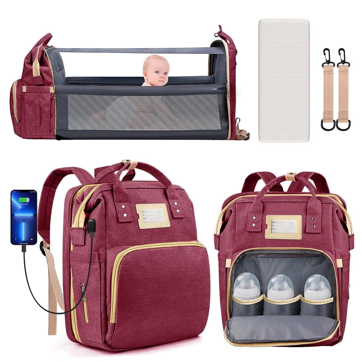 Diaper Bag Backpack, Multifunctional Baby Changing Bag with Foldable Crib & Insulated Milk Bottle Pocket, Large Capacity Travel Backpack with USB Charging Port & Stroller Strap (Red)