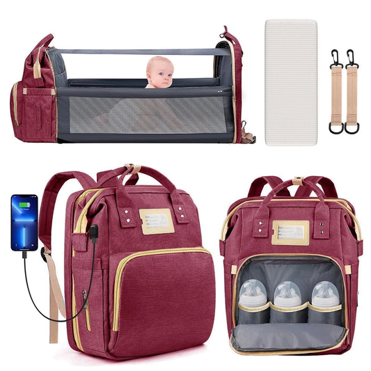 Diaper Bag Backpack, Multifunctional Baby Changing Bag with Foldable Crib & Insulated Milk Bottle Pocket, Large Capacity Travel Backpack with USB Charging Port & Stroller Strap (Red)