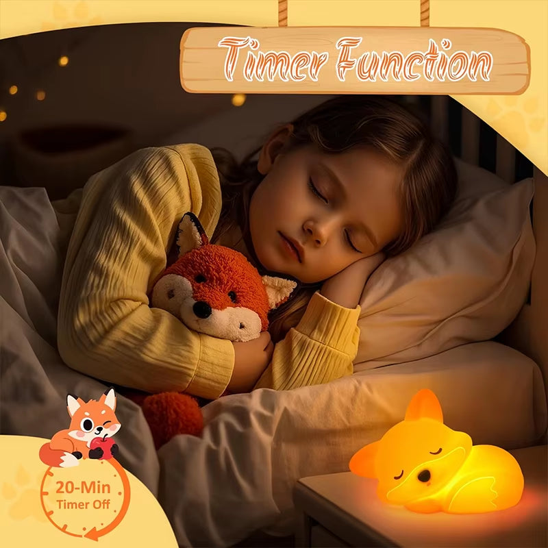 Fox Night Light, Cute Silicone Nightlight Gifts for Kids, Animal Lights with Touch Control, Timer and USB Rechargeable