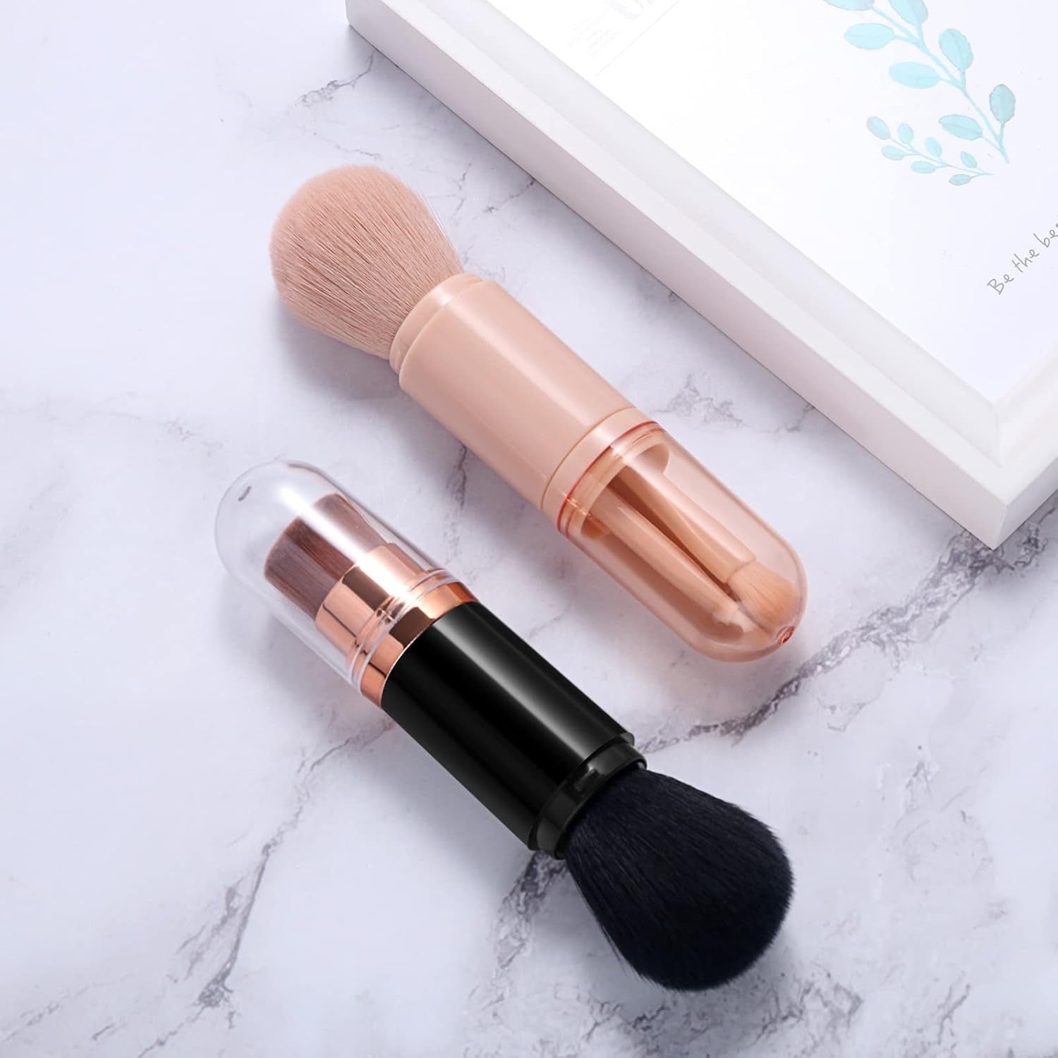 Makeup Brushes Set Portable - 4 in 1 Travel Powder Brush, Lip Brush, Eyeshadow Brush, Highlight Brush, Foundation Blending Powder Brushes Retractable Make up Brushes Set, Pink
