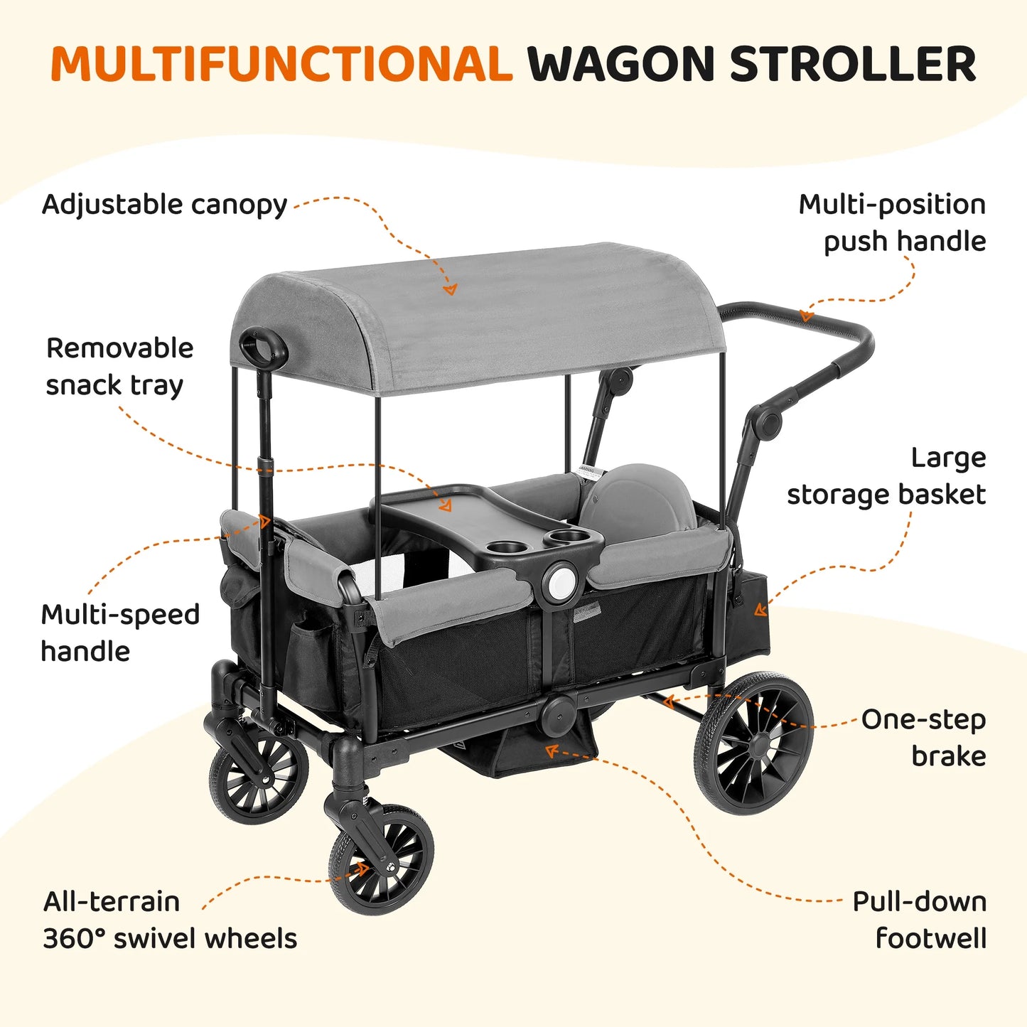 Collapsible Wagon Stroller 2 Seater with 3-Point Harnesses, Canopy, Storage Bag, Adjustable Handlebar, 2 Cup Holders, Gray