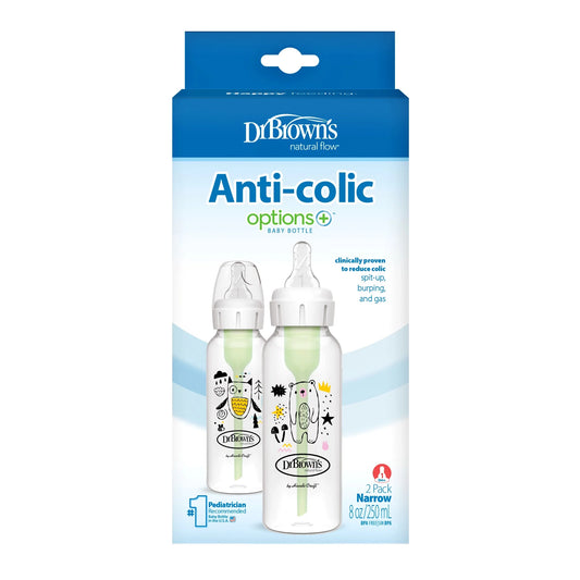 Natural Flow Anti-Colic Options+ Narrow Baby Bottle, Bear/Owl, 8Oz/250Ml, 0M+, 2 Pack