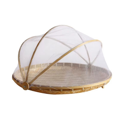 Handmade Bamboo Woven Fruit Vegetable Basket with Mosquito Proof Net round Dustproof Wicker Tray Food Bread