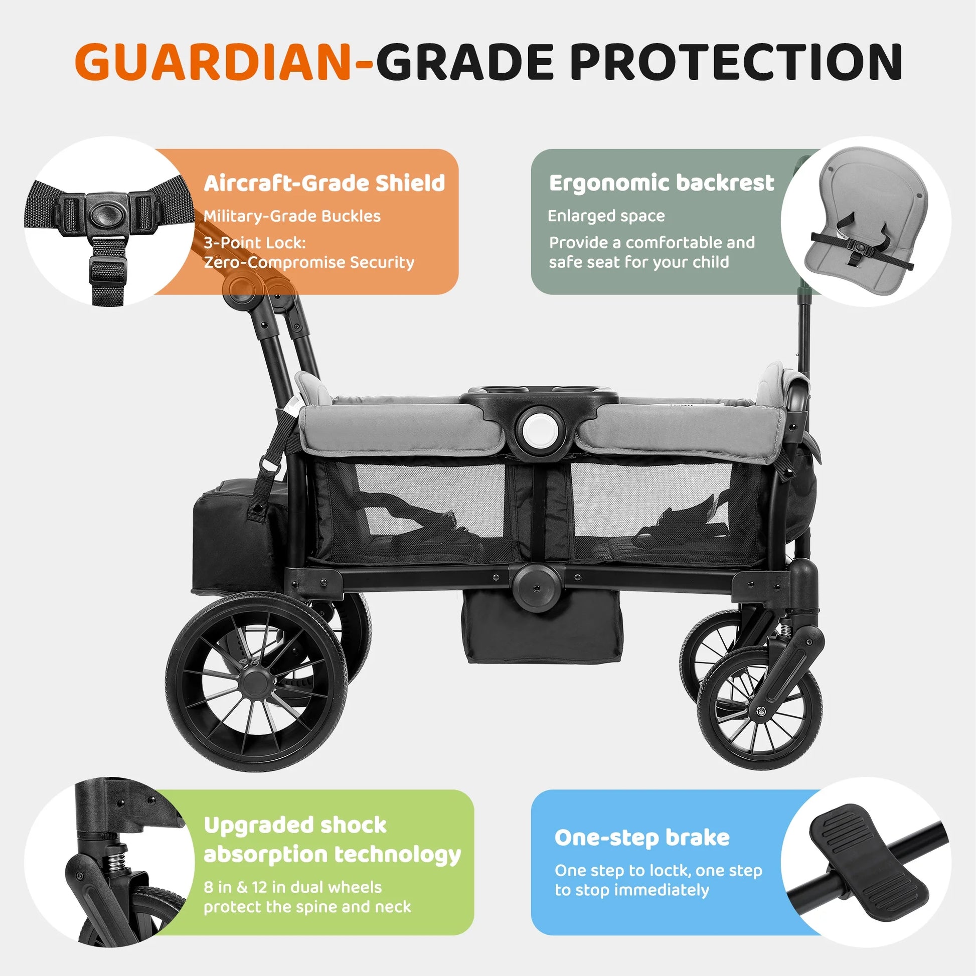 Collapsible Wagon Stroller 2 Seater with 3-Point Harnesses, Canopy, Storage Bag, Adjustable Handlebar, 2 Cup Holders, Gray