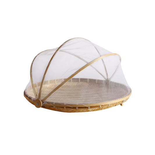 Handmade Bamboo Woven Fruit Vegetable Basket with Mosquito Proof Net round Dustproof Wicker Tray Food Bread