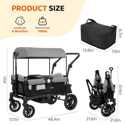 Collapsible Wagon Stroller 2 Seater with 3-Point Harnesses, Canopy, Storage Bag, Adjustable Handlebar, 2 Cup Holders, Gray