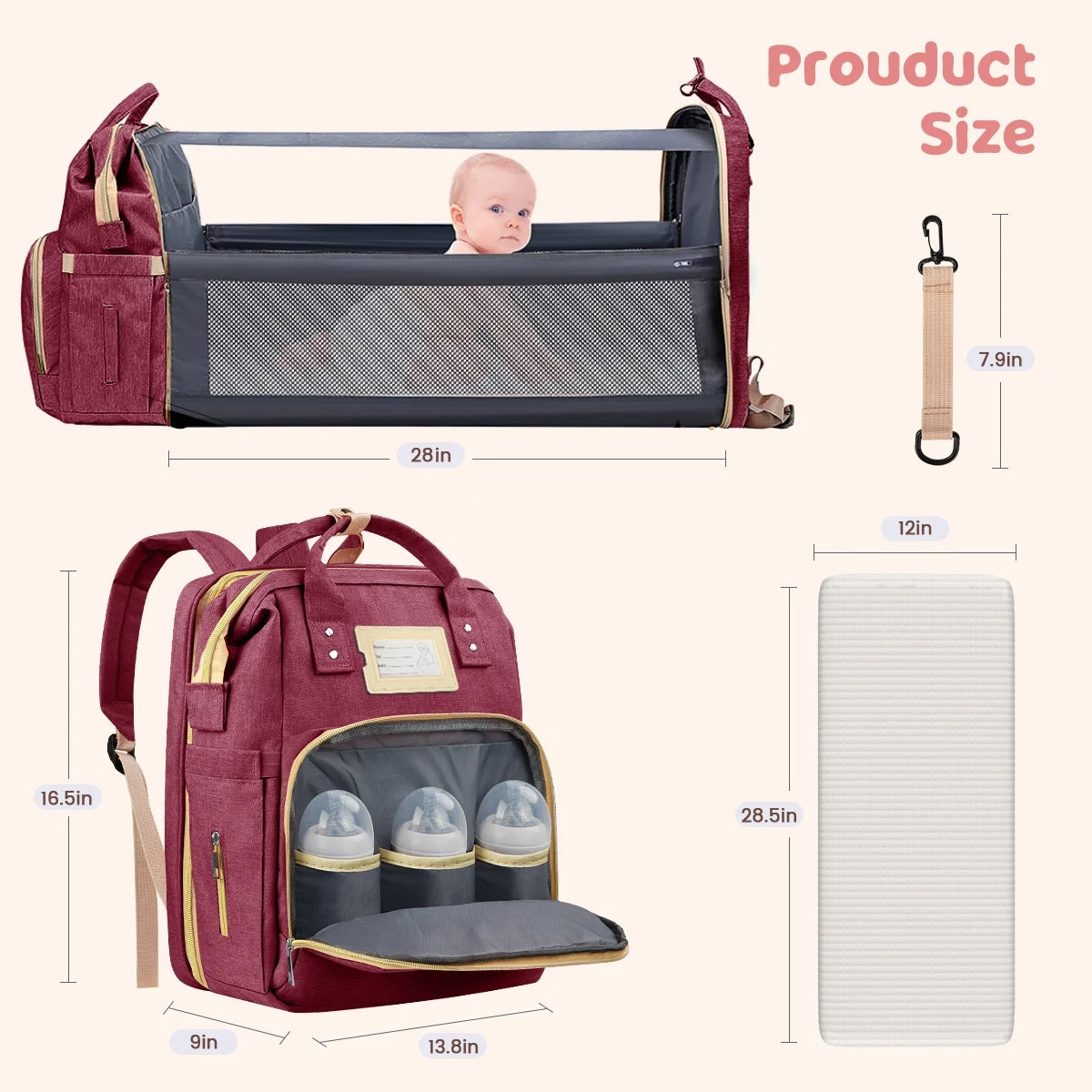 Diaper Bag Backpack, Multifunctional Baby Changing Bag with Foldable Crib & Insulated Milk Bottle Pocket, Large Capacity Travel Backpack with USB Charging Port & Stroller Strap (Red)