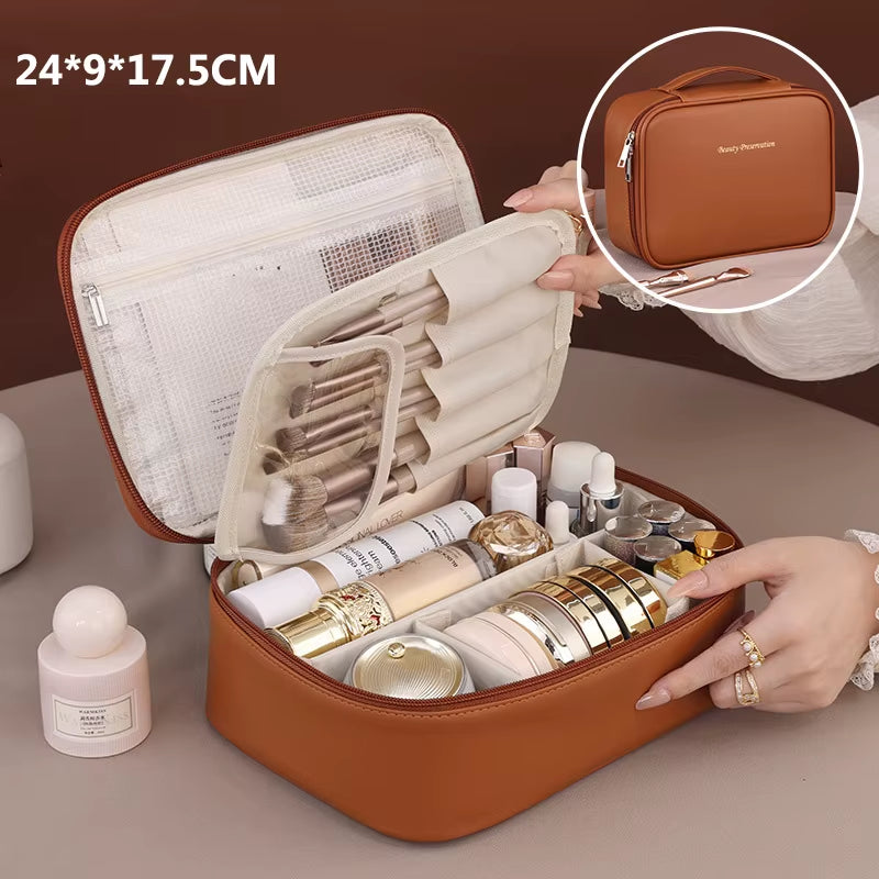PU Large Capacity Tote Makeup Bag Portable Travel Organizer Tolietry Cosmetic Storage Bag Luxury Women Double Layer Pouch