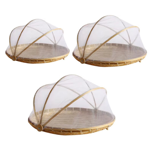 Handmade Bamboo Woven Fruit Vegetable Basket with Mosquito Proof Net round Dustproof Wicker Tray Food Bread